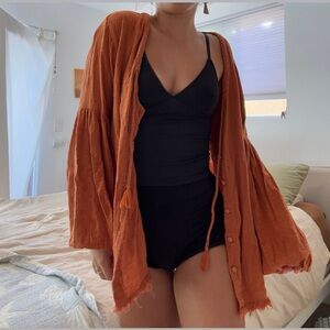 Rust Orange Button-Up linen Cardigan